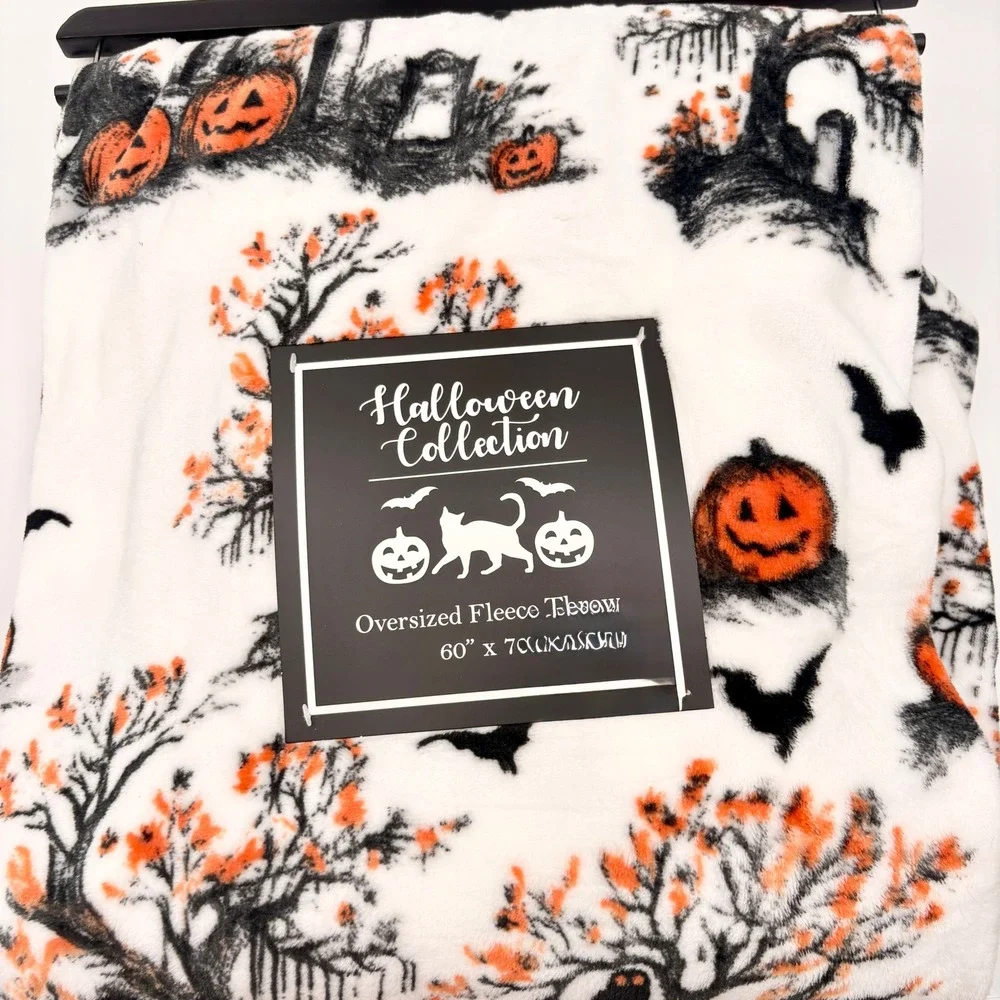 Halloween Collection Oversized Fleece Throw Blanket Graveyard Ghost 60x70 White